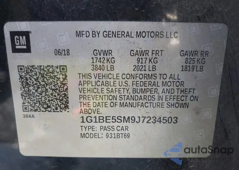 2018 Chevrolet Cruze Lt Auto z USA, uszkodzony, nr VIN 1G1BE5SM9J7234503